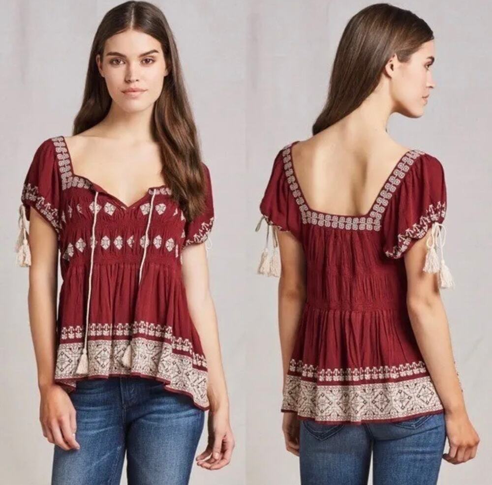 Tularosa Revolve Maroon Mulled Wine Embroidered Tasseled Benny Peasant Top